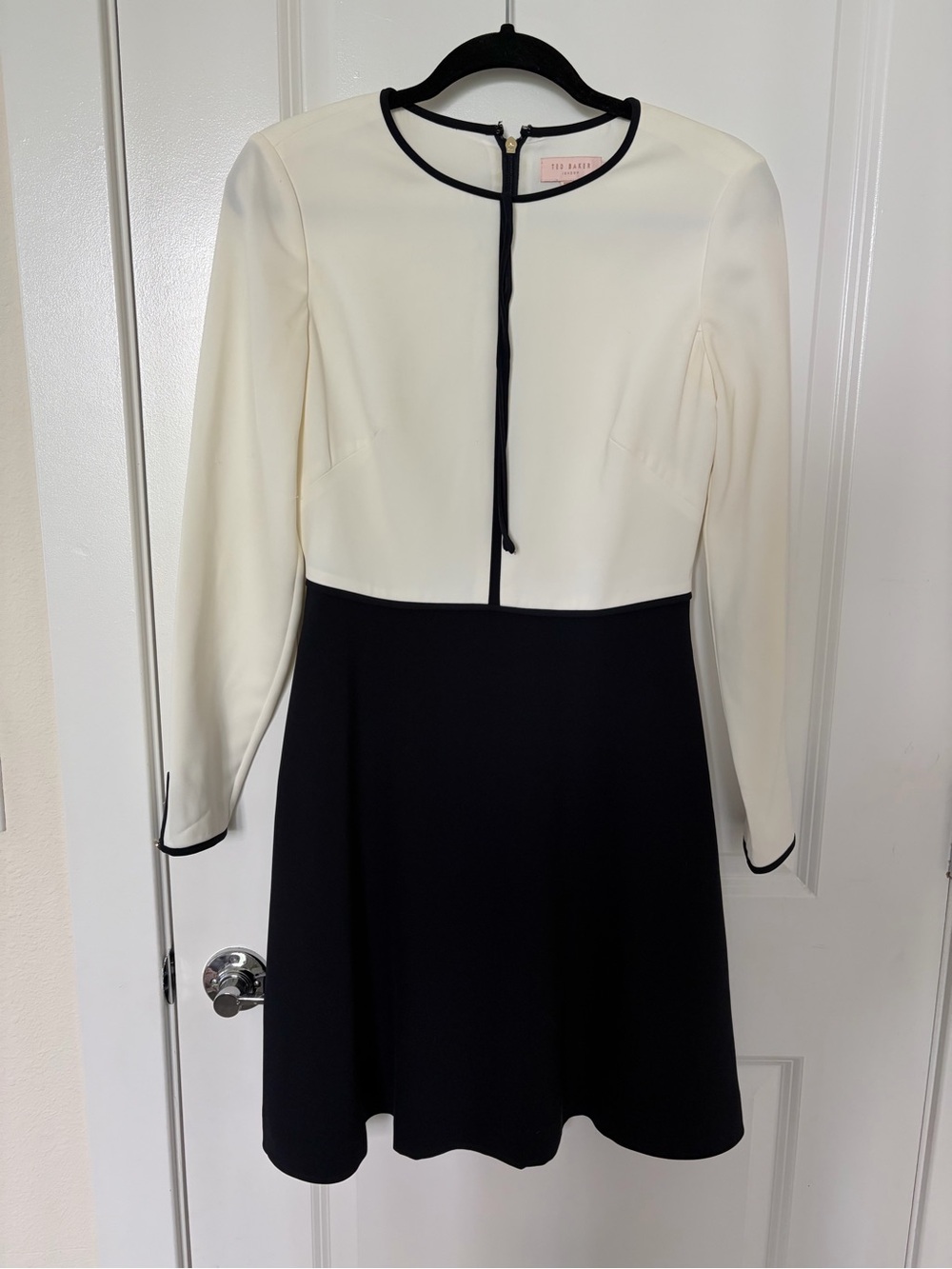 Ted Baker Two-Tone Black and White Long-Sleeve Fit & Flare Dress